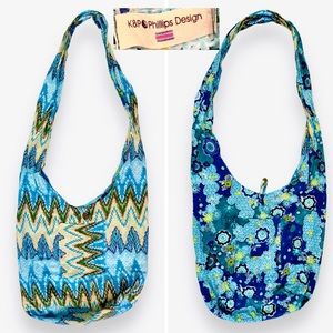K & P PHILLIPS DESIGN Reversible Blue Boho Hippie Sling Sack Shoulder Bag Purse